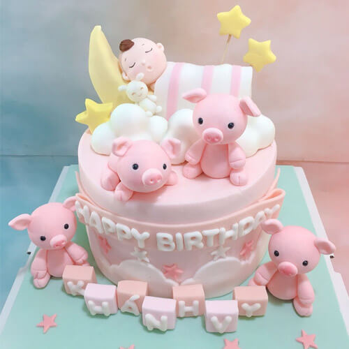 Bánh mừng thôi nôi cho bé gái tuổi Gà màu hồng 3 tầng với họa tiết phụ  Hello Kitty, Bươm Bướm - Bánh Thiên Thần : Chuyên nhận đặt bánh sinh nhật  theo mẫu